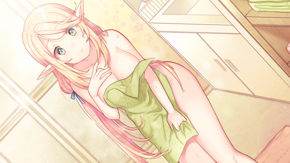 1girls, blonde hair, bow, breasts, covered breasts, elf, eris (monster musume), female, female only, game cg, green eyes, long hair, monster girl, monster musume no iru nichijou, monster musume no iru nichijou online, official art, pointy ears, solo, towel