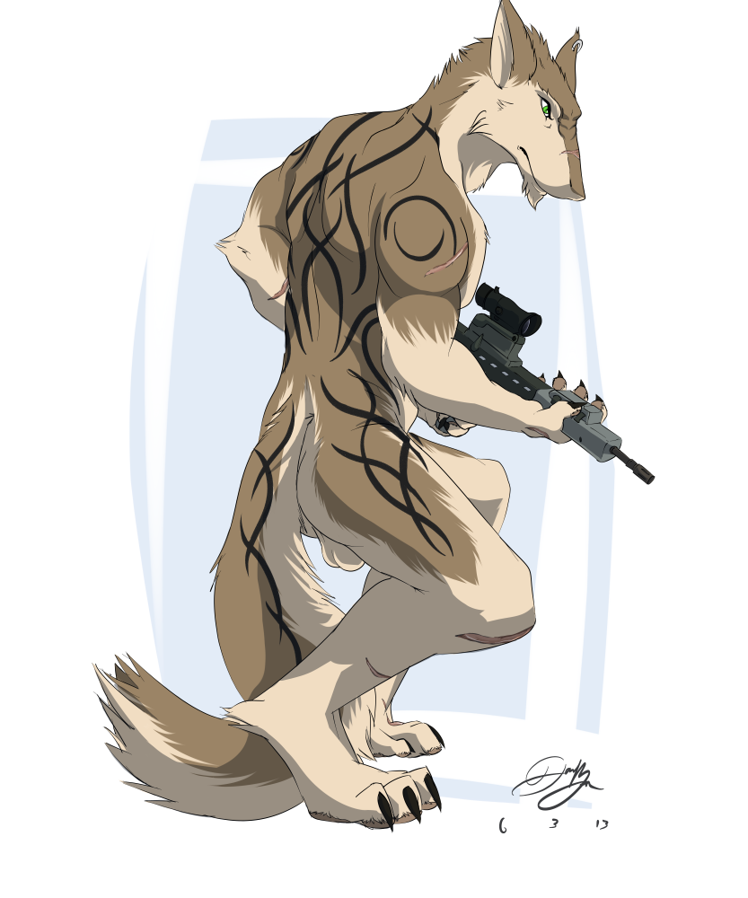 anthro balls docisco gun male_only muscular nude piercing ranged_weapon scar scope sergal simple_background tattoo unknown_artist weapon