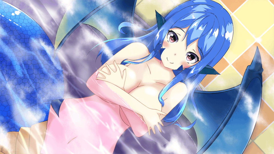 bath blue_hair blush game_cg gina_(monster_musume) lamia long_hair melusine monster_girl monster_musume_no_iru_nichijou monster_musume_no_iru_nichijou_online navel nude official_art red_eyes scales smile wings