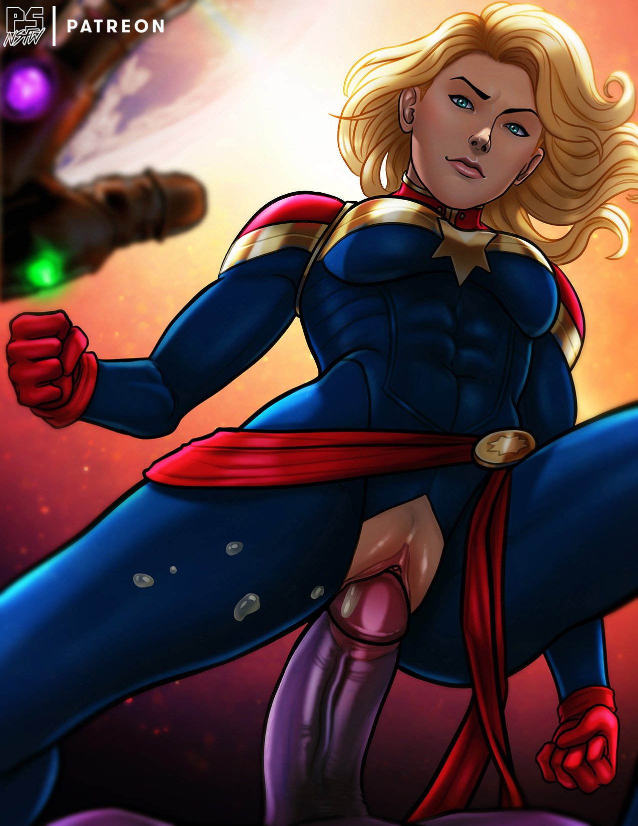 1boy, 1girls, abs, amazon position, avengers, big penis, blonde hair, blonde-haired female, blue eyes, captain marvel, carol danvers, erection, female, femdom, imminent sex, infinity gauntlet, interspecies, looking at viewer, male, marvel, marvel comics, penetration, penis, pumpkinsinclair, pussy, sex, spread legs, straight, thanos, unseen male face, vaginal penetration, villain on heroine