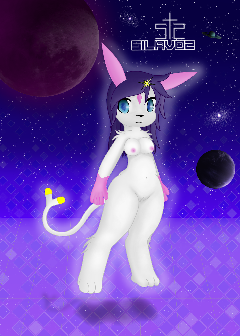 anthro blue_eyes breasts canid canine female floating fox fur genitals hair hi_res humanoid mammal navel nipples planet purple_hair pussy shivaa_snow silavos smile solo universe watermark white_body white_fur