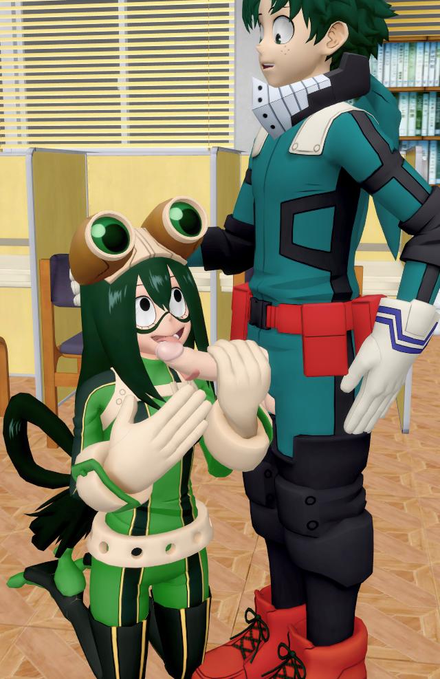 1boy 1boy1girl 1girls 3d artist_request asui_tsuyu big_breasts big_penis boku_no_hero_academia breasts clothed clothing deku erect_penis erection green_eyes green_hair hair_between_eyes hand_on_head hero_outfit_(mha) huge_cock imminent_oral izuku_midoriya kneeling long_hair long_penis long_tongue messy_hair midoriya_izuku my_hero_academia penis penis_in_pussy tsuyu_asui very_long_tongue