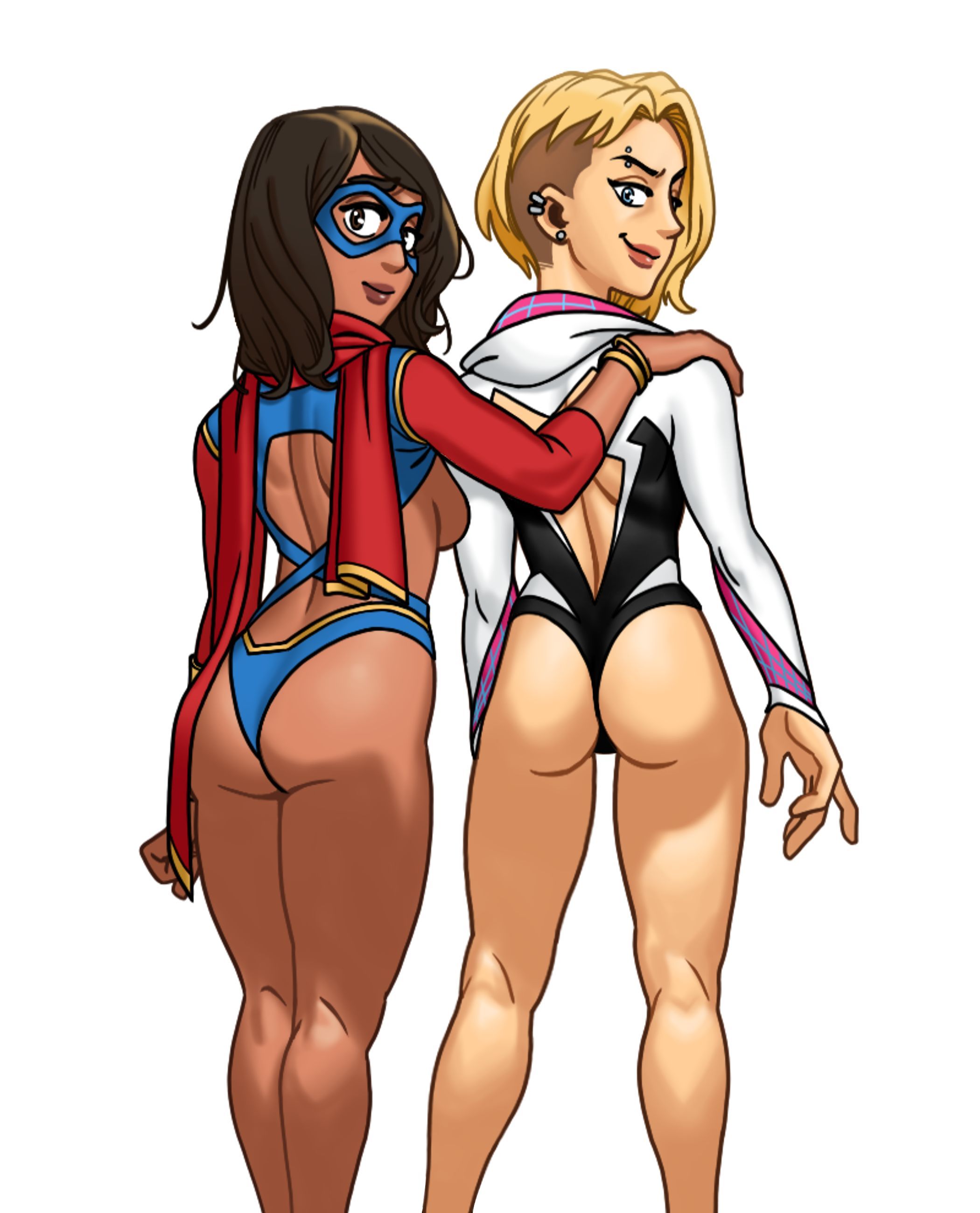 2girls, ass, ass focus, blonde hair, blue eyes, bracelets, breasts, brown eyes, brown hair, brown skin, dark skin, dark-skinned female, ear piercing, exposed ass, exposed breasts, eyebrow piercing, eyemask, female, female only, fully clothed, gwen stacy, kamala khan, light skin, light-skinned female, long hair, looking at viewer, looking back, marvel, marvel comics, modified costume, ms. marvel, revealing clothes, scarf, short hair, sideboob, skimpy clothes, slutty outfit, spider-gwen, white background
