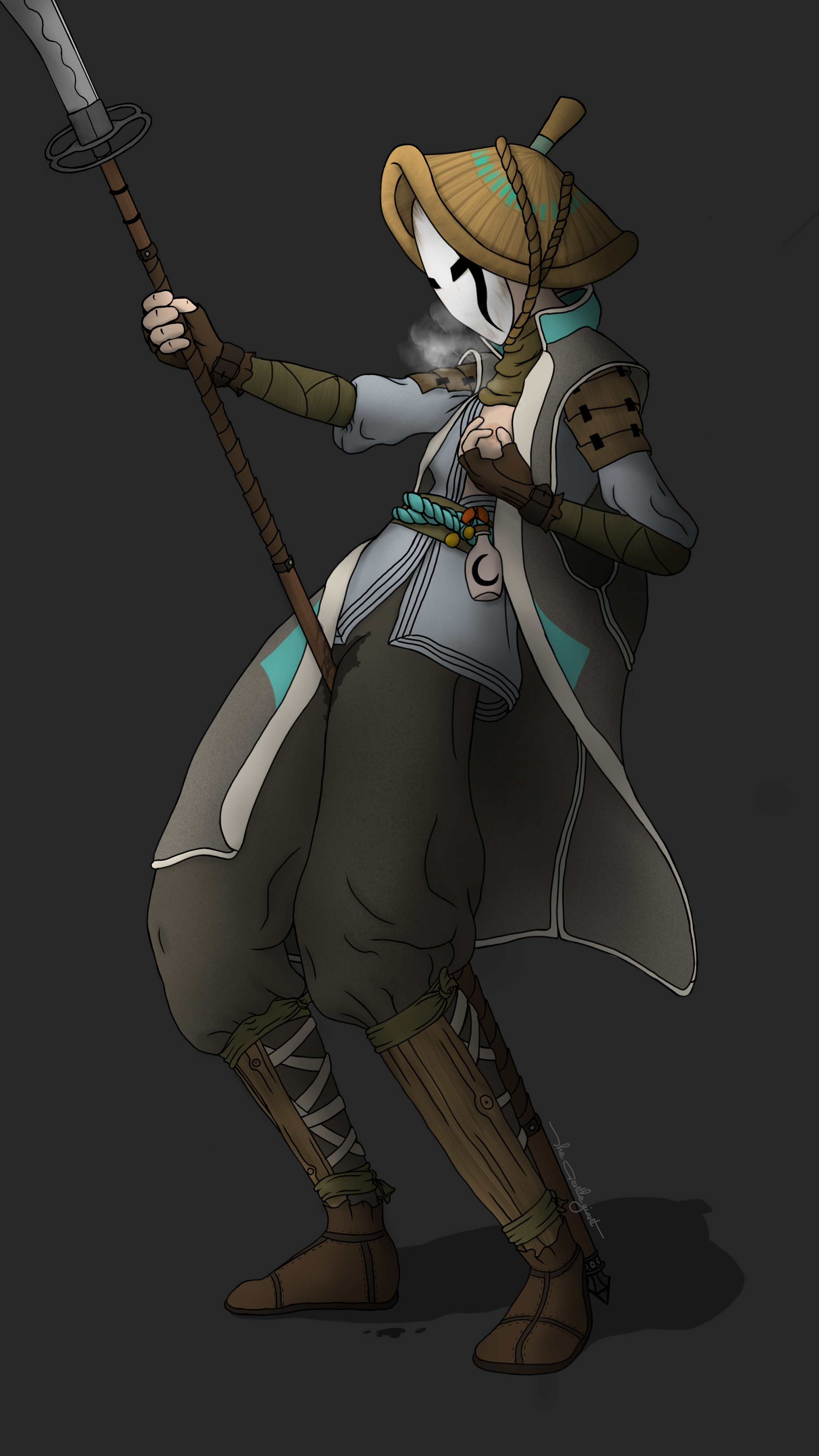 1girls, 2d, asian, asian female, breast grab, breasts, clothed, female, female only, for honor, grinding, japanese, japanese female, mask, masturbation, naginata, nipples, nobushi, one breast out, pussy juice, solo, solo female, standing, the gentle giant, weapon, wet