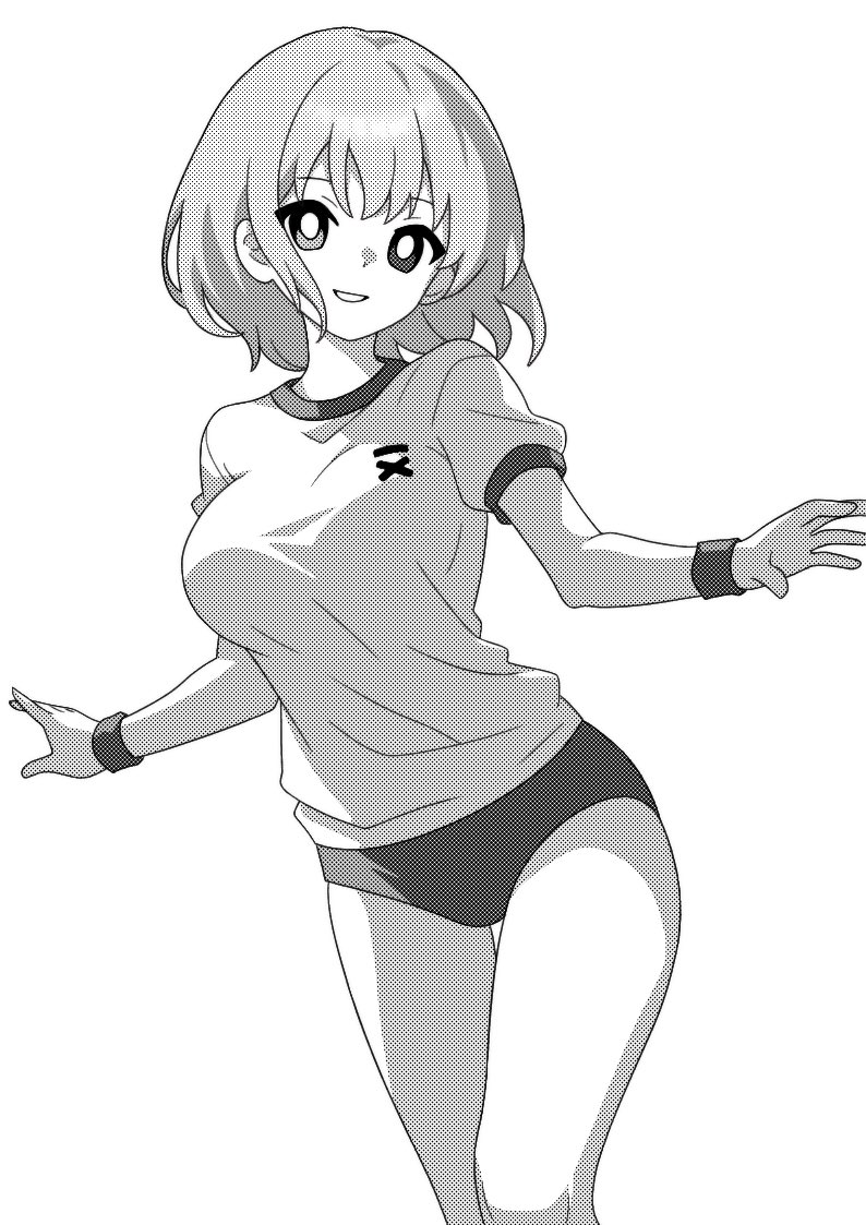 alternate_costume breasts buruma commentary feet_out_of_frame female greyscale gym_shirt gym_uniform hair_between_eyes heterochromia kogasa_tatara large_breasts looking_at_viewer monochrome onkn_sxkn open_mouth shirt short_hair short_sleeves simple_background smile solo tatara_kogasa touhou white_background