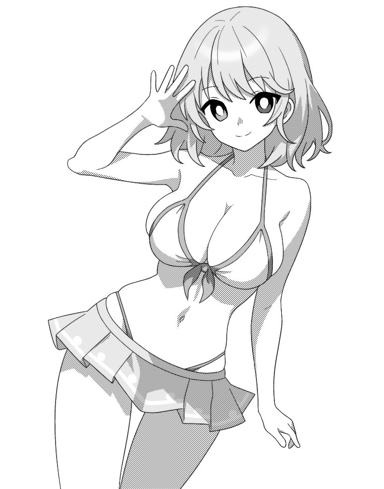 bare_arms bare_shoulders bikini breasts cleavage closed_mouth collarbone commentary cowboy_shot female greyscale kogasa_tatara large_breasts looking_at_viewer monochrome navel onkn_sxkn short_hair simple_background smile solo swimsuit tatara_kogasa touhou white_background