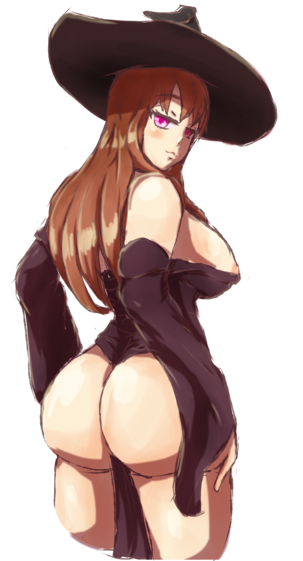 1girls ass big_ass big_breasts blush breasts brown_hair exposed_breasts looking_at_viewer minecraft mob_talker purple_eyes robe standing thick_thighs thighs witch witch_(minecraft) witch_hat