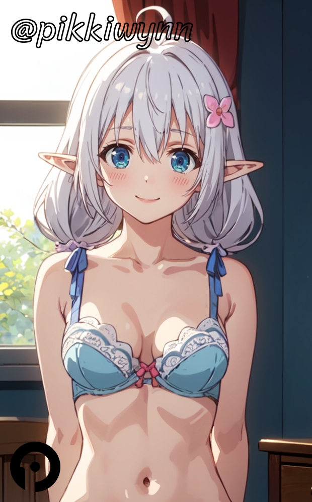 ahoge ai_generated bangs bare_shoulders blue_bra blue_eyes blush bra breasts cleavage closed_mouth collarbone elf female flower hair_between_eyes hair_flower hair_ornament indoors ireena_litz_de_olhyde long_hair looking_at_viewer low_twintails medium_breasts navel pikkiwynn pointy_ears ribbon shijou_saikyou_no_daimaou_murabito_a_ni_tensei_suru smile solo stomach twintails underwear underwear_only upper_body window