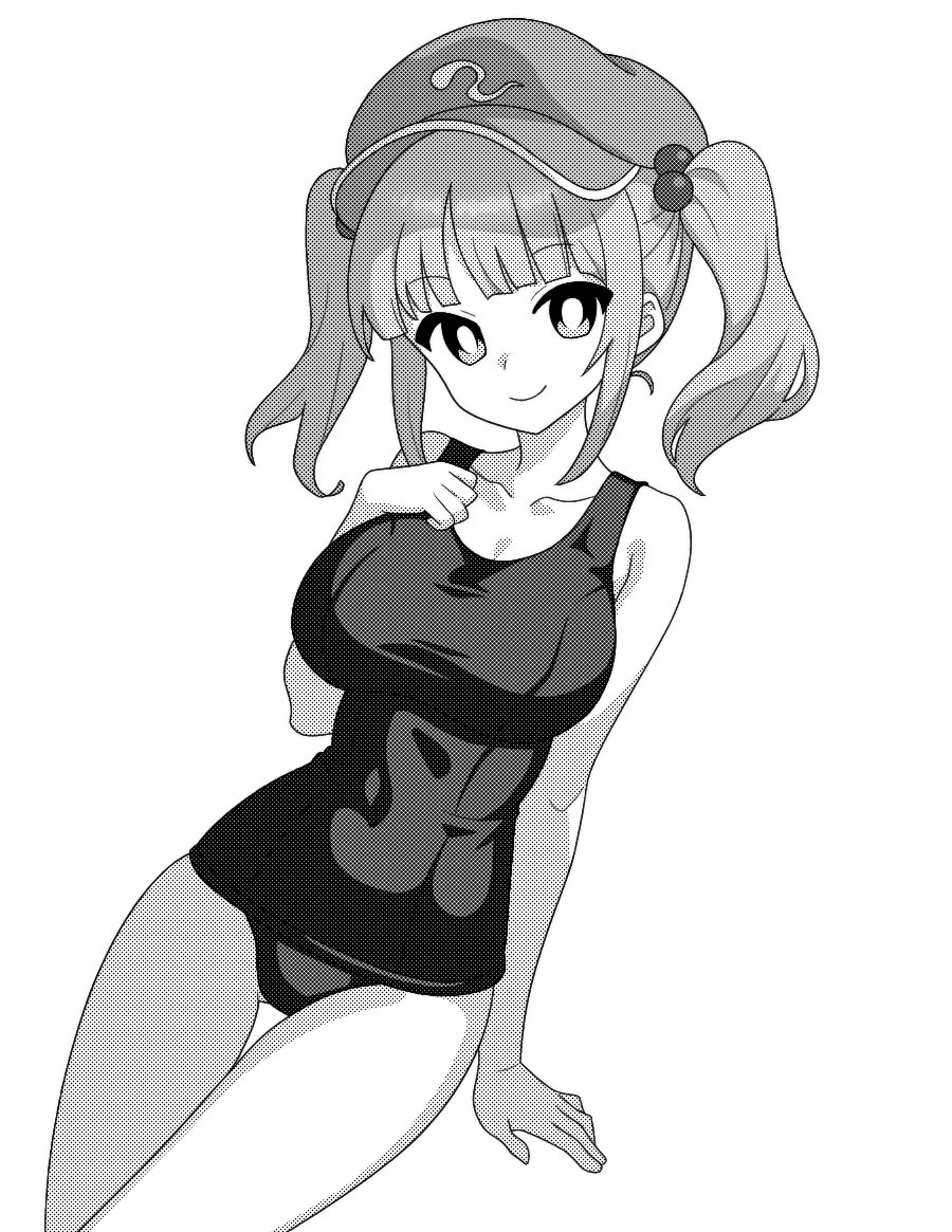 bare_legs bare_shoulders barefoot breasts closed_mouth collarbone commentary female flat_cap greyscale hair_bobbles hair_ornament hat kawashiro_nitori large_breasts looking_at_viewer monochrome nitori_kawashiro old_school_swimsuit one-piece_swimsuit onkn_sxkn school_swimsuit short_hair simple_background smile solo swimsuit touhou two_side_up white_background