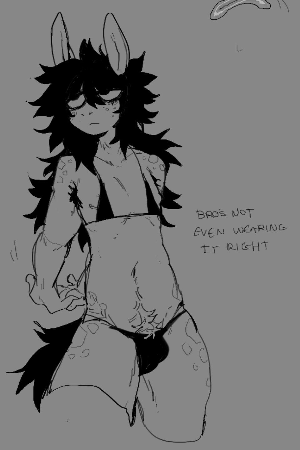 androgynous anthro bikini black_hair buldge femboy feminine_male freckles furry furry_only grey_background greyscale hairy horse long_hair male male_focus male_only narrow_shoulders nipple_slip nipples original_character ponyzilla sketch small_breasts small_clothes tight_clothing