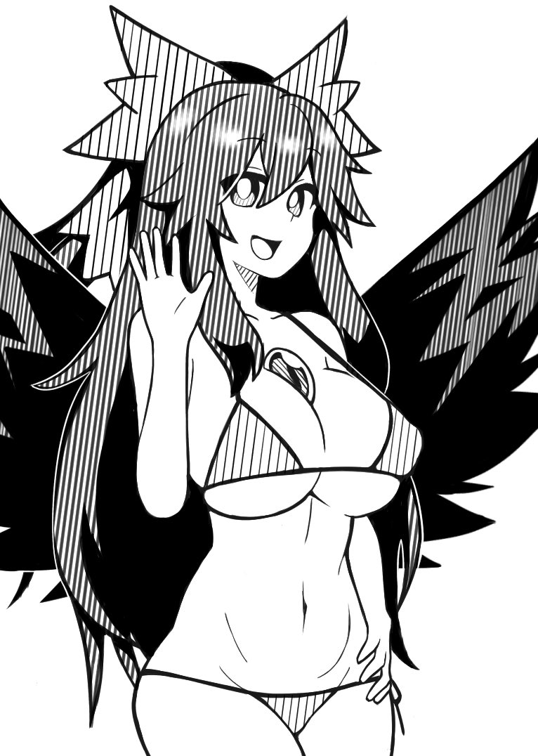 :d bad_id bad_twitter_id bikini bow breasts bright_pupils cleavage commentary female greyscale groin hairbow high_contrast large_breasts long_hair looking_at_viewer monochrome navel onkn_sxkn open_mouth reiuji_utsuho sidelocks simple_background smile solo swimsuit third_eye touhou utsuho_reiuji wings