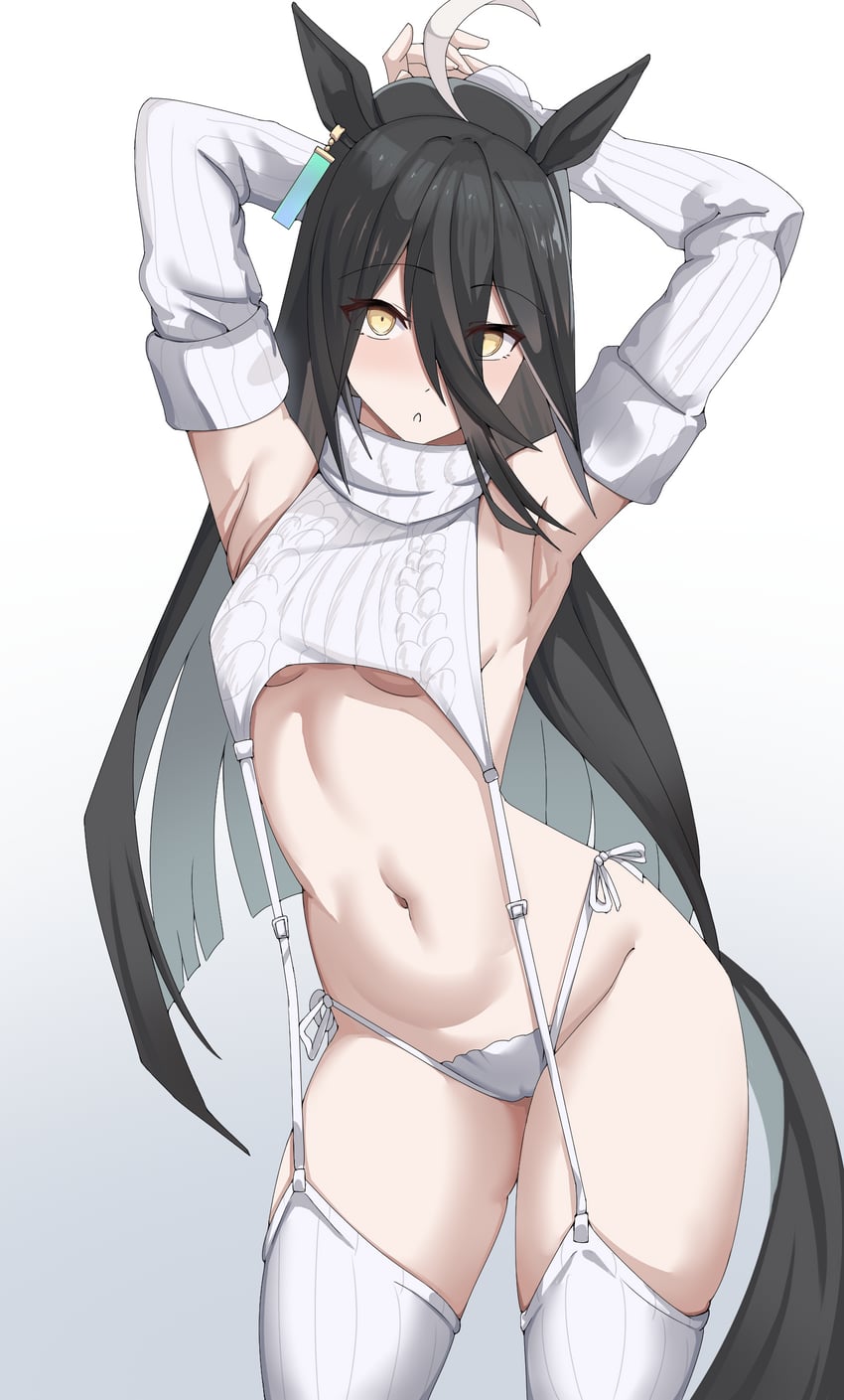 :<, 1girl, 1girls, ahoge, armpits, arms up, belly, belly button, black hair, cameltoe, ear tag, garter straps, hair between eyes, hands behind head, horse ears, horse girl, horse tail, lengkuass, long hair, long sleeves, looking at viewer, manhattan cafe (umamusume), small breasts, sole female, solo, stomach, tail, thighs, umamusume, umamusume pretty derby, underboob, underwear, virgin killer sweater, white panties, white sleeves, white thighhighs, yellow eyes