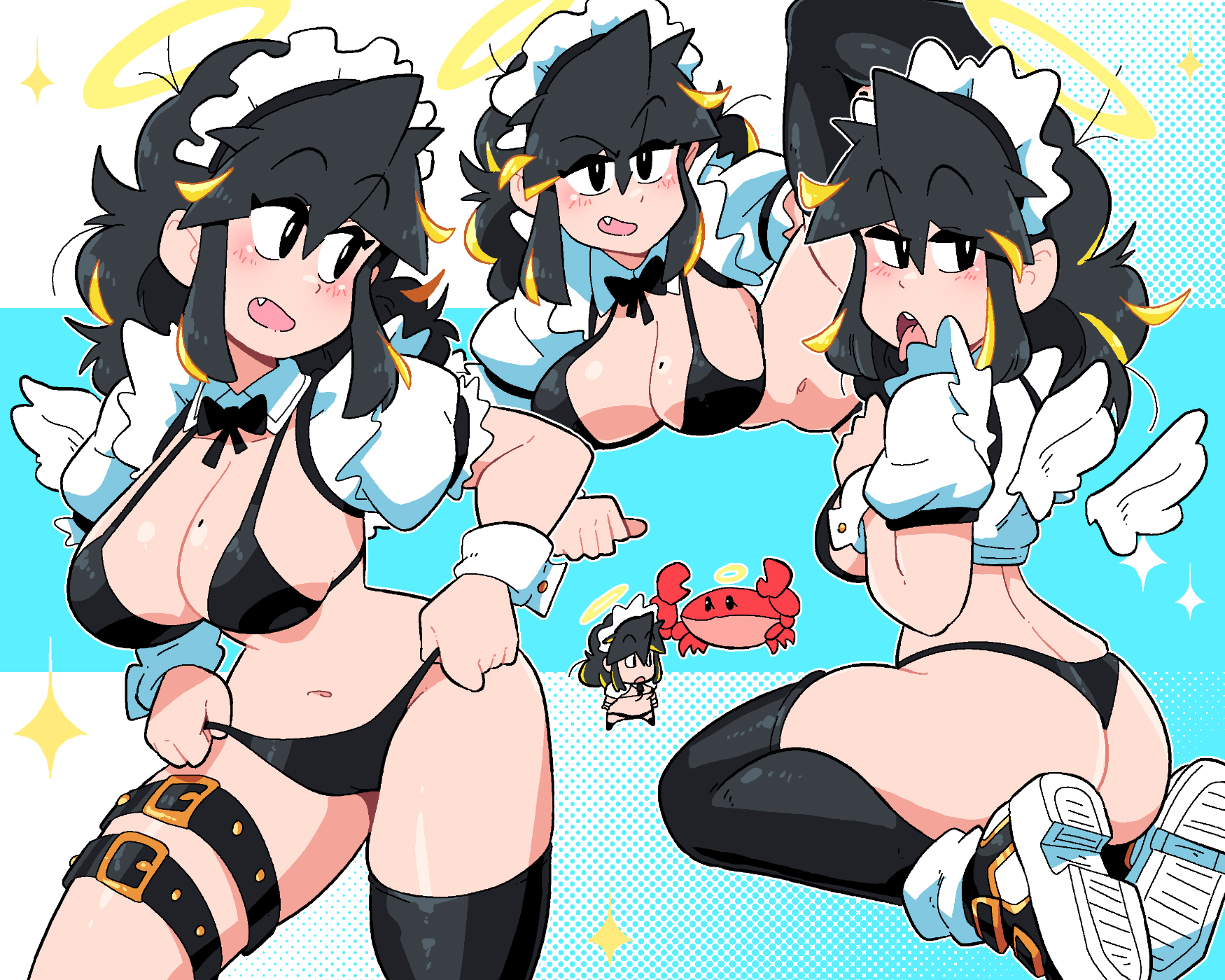 1girls, 2023, angel wings, ass, bikini, bikini pull, black bikini, black bra, black eyes, black hair, black panties, blush, bra, breasts, chibi, cleavage, crab, fang, female, halo, kneeling, large breasts, looking at viewer, looking back, lucia (scott malin), maid headdress, medium hair, mole, mole on breast, multiple poses, navel, one leg up, open mouth, original, panties, panty pull, scott malin, single thighhigh, skimpy, smile, sneakers, standing, tagme, thigh belt, thighhighs, thighs, tongue, tongue out, wings