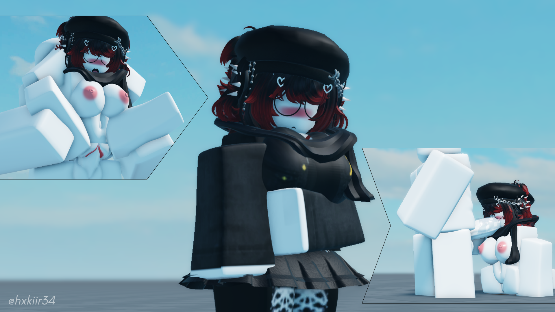 1boy, 1girls, 3d, areolae, balls, baseplate, blowjob, breasts, female, hxki, male, nipples, penis, pussy, red hair, roblox, robloxian, self upload, sex, tagme