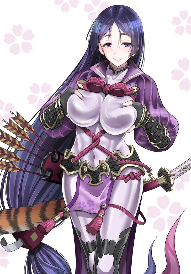 armor black_gloves blush bodysuit breast_lift breasts commentary_request covered_navel cowboy_shot deep_skin fate/grand_order fate_(series) female fingerless_gloves gloves japanese_armor katana large_breasts long_hair looking_at_viewer low-tied_long_hair minamoto_no_raikou_(fate) purple_bodysuit purple_eyes purple_hair smile solo sword very_long_hair weapon youshuu