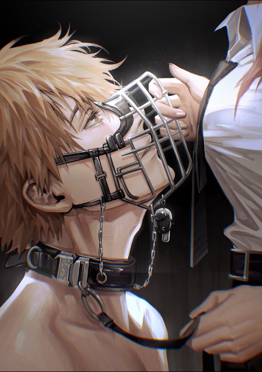 1boy, 1girls, blonde hair, breasts, chainsaw man, choker, cropped image, denji (chainsaw man), domination, female, femdom, gentle femdom, leash, looking up, makima (chainsaw man), male, male/female, mommy, mommy dom, mommy kink, muzzle (object), submissive, submissive male