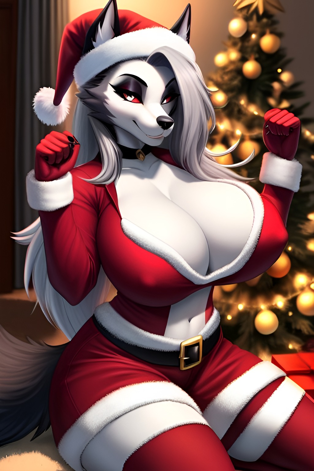 ai generated, anthro, big breasts, breasts, christmas, christmas outfit, christmas tree, female, female only, frosting.ai, fur, hellhound, helluva boss, loona (helluva boss), nipple bulge, santa hat, self upload, weedvee420