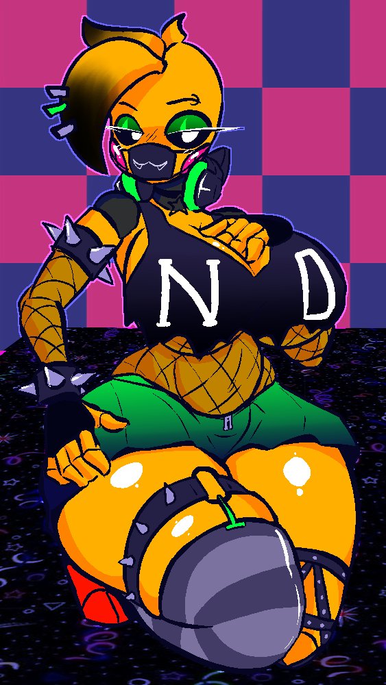 1girls big_breasts big_thighs breasts collar enormous_breasts female female_only fishnet_armwear fishnet_bodysuit fishnets five_nights_at_freddy's five_nights_at_freddy's_2 gigantic_breasts goth hand_on_breast headphones huge_breasts large_breasts mask masked masked_female massive_breasts piercing robot robot_girl skirt stockings stormkinght thick_thighs thunder_thighs toy_chica_(fnaf) underboob