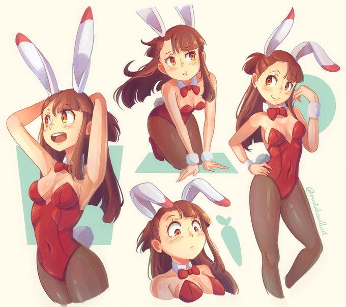 akko_kagari arms arms_behind_head bare_arms bare_shoulders blush blush_lines bowtie brown_eyes brown_hair bunny_costume bunny_ears bunnysuit cleavage embarrassed female female_focus female_only happy kneeling little_witch_academia long_hair madabauillust navel navel_line open_smile orange_eyes pose posing rabbit_tail red_eyes slim slim_waist small_breasts smile thick_thighs thighs tied_hair