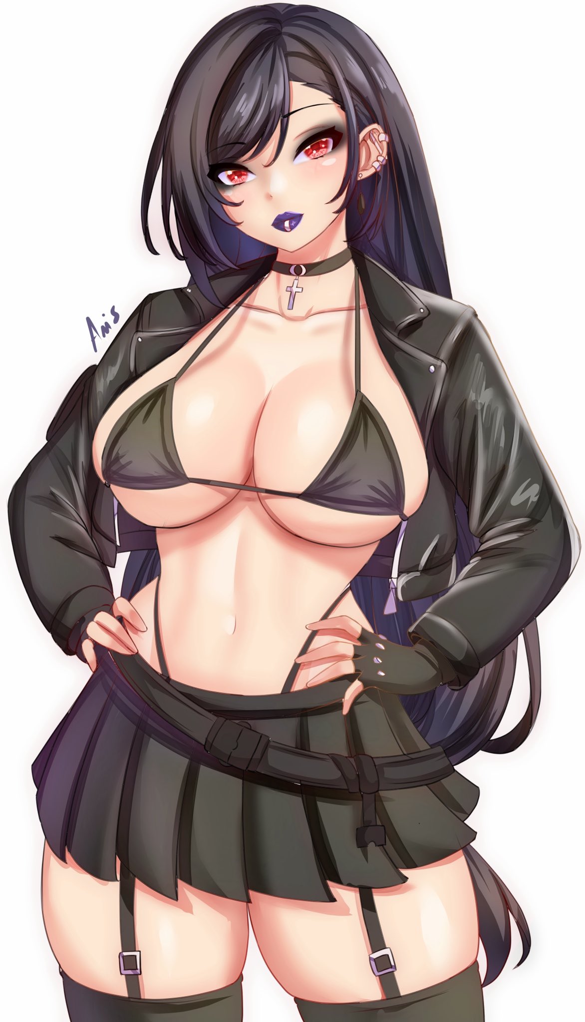 anisdrawn, breasts, female, female only, final fantasy, final fantasy vii, goth, goth tifa, looking at viewer, solo, tagme, thighhighs, tifa lockhart, white background