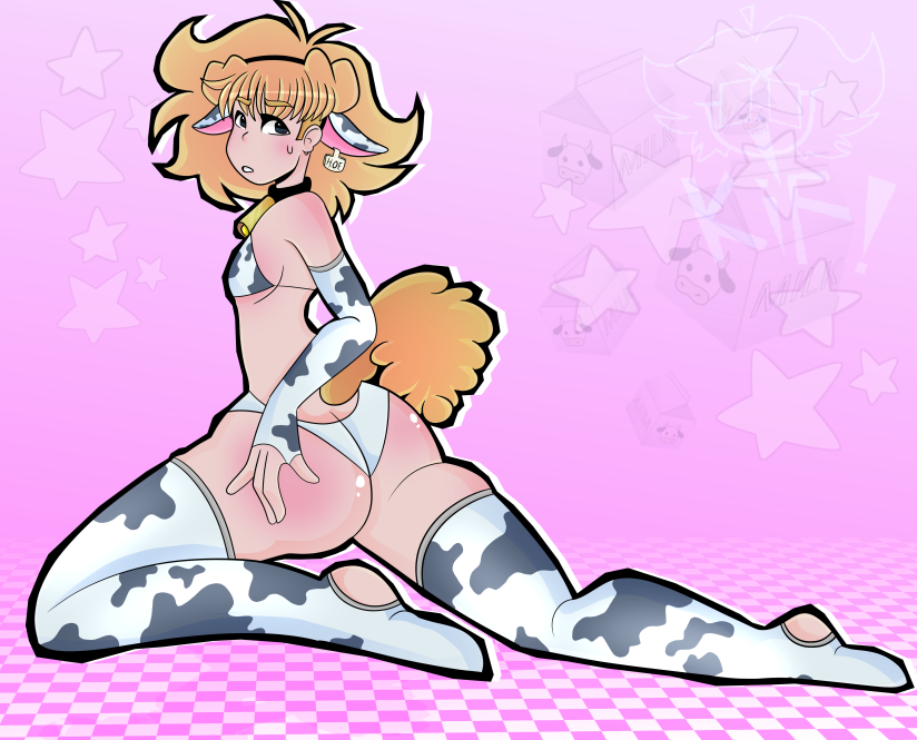 big_ass big_thighs blonde_hair blue_eyes cow_print doeswhat femboy legwear neesterhere youtube youtuber