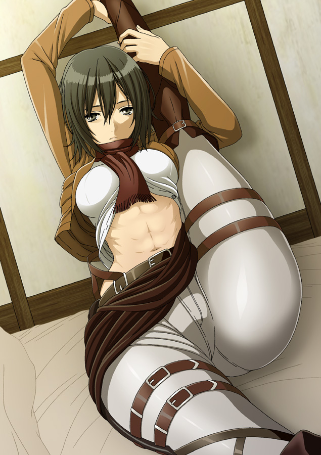 abs arms_up ass attack_on_titan belt black_eyes black_hair boots breasts clothing female flexible footwear huge_ass isse large_breasts leg_lift medium_breasts mikasa_ackerman muscle muscular_female paradis_military_uniform scarf shingeki_no_kyojin short_hair skin_tight solo thick_thighs thighs wide_hips