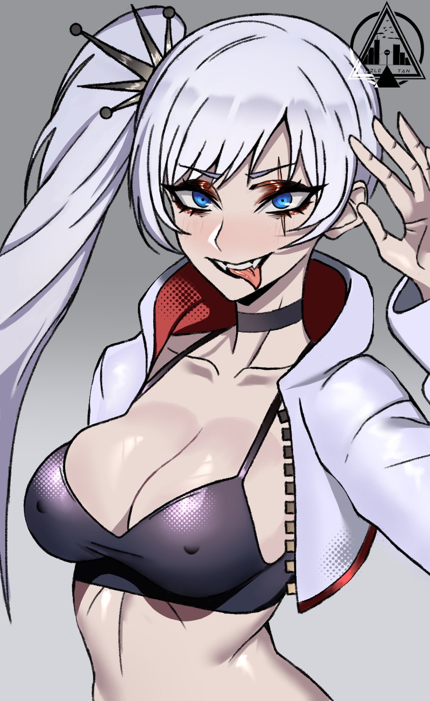 1girls big_breasts black_bra blue_eyes bra breasts canine_teeth dizzle_tan fangs female female_focus female_only light-skinned_female light_skin long_hair looking_at_viewer rooster_teeth rwby scar scar_across_eye silver_hair solo solo_female solo_focus tongue tongue_out weiss_schnee