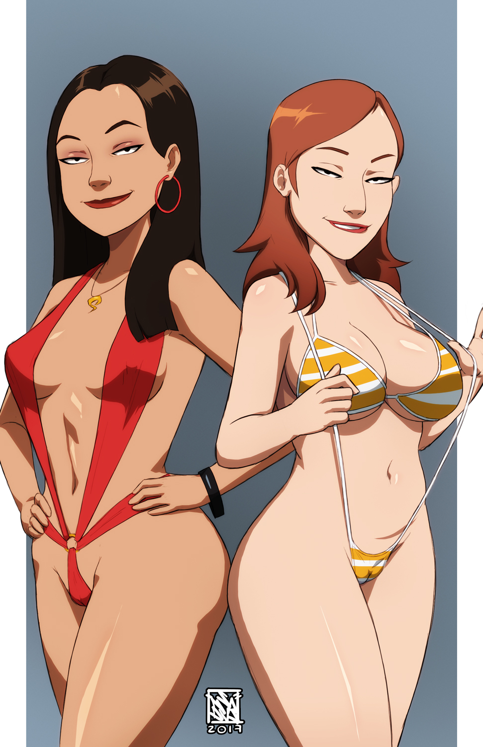2girls, belly, blue background, breasts, brown hair, cameltoe, chrisitina (unsupervised), cleavage, covered breasts, danielle (unsupervised), dark skin, dark-skinned female, earrings, female, female only, high resolution, hips, large breasts, legs, long hair, multiple females, multiple girls, naavs, navel, necklace, pale skin, pussy, swimsuit, thighs, unsupervised, white background