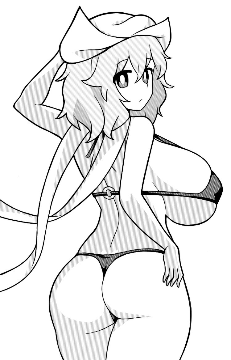 ass bad_id bad_twitter_id bikini breasts bright_pupils closed_mouth covered_nipples female from_behind greyscale hat huge_breasts letty_whiterock looking_at_viewer looking_back micro_bikini monochrome o-ring o-ring_top onkn_sxkn scarf short_hair simple_background solo swimsuit touhou