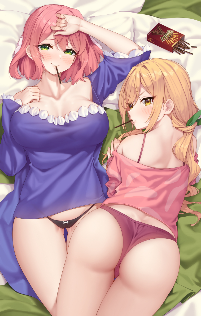 100_kanojo 2girls absurdres arm_up ass bare_shoulders bed_sheet black_panties blonde_hair blush breasts cleavage closed_mouth food food_in_mouth green_eyes hair_between_eyes hanazono_hakari harem highres inda_karane kimi_no_koto_ga_dai_dai_dai_dai_daisuki_na_100-nin_no_kanojo large_breasts long_hair long_sleeves lying mouth_hold multiple_girls neps-l no_pants off-shoulder_shirt off_shoulder on_back on_stomach panties pink_hair pink_shirt pocky purple_panties purple_shirt shirt short_hair sleeves_past_wrists the_100_girlfriends_who_really_really_really_really_really_love_you underwear very_long_hair wide_sleeves