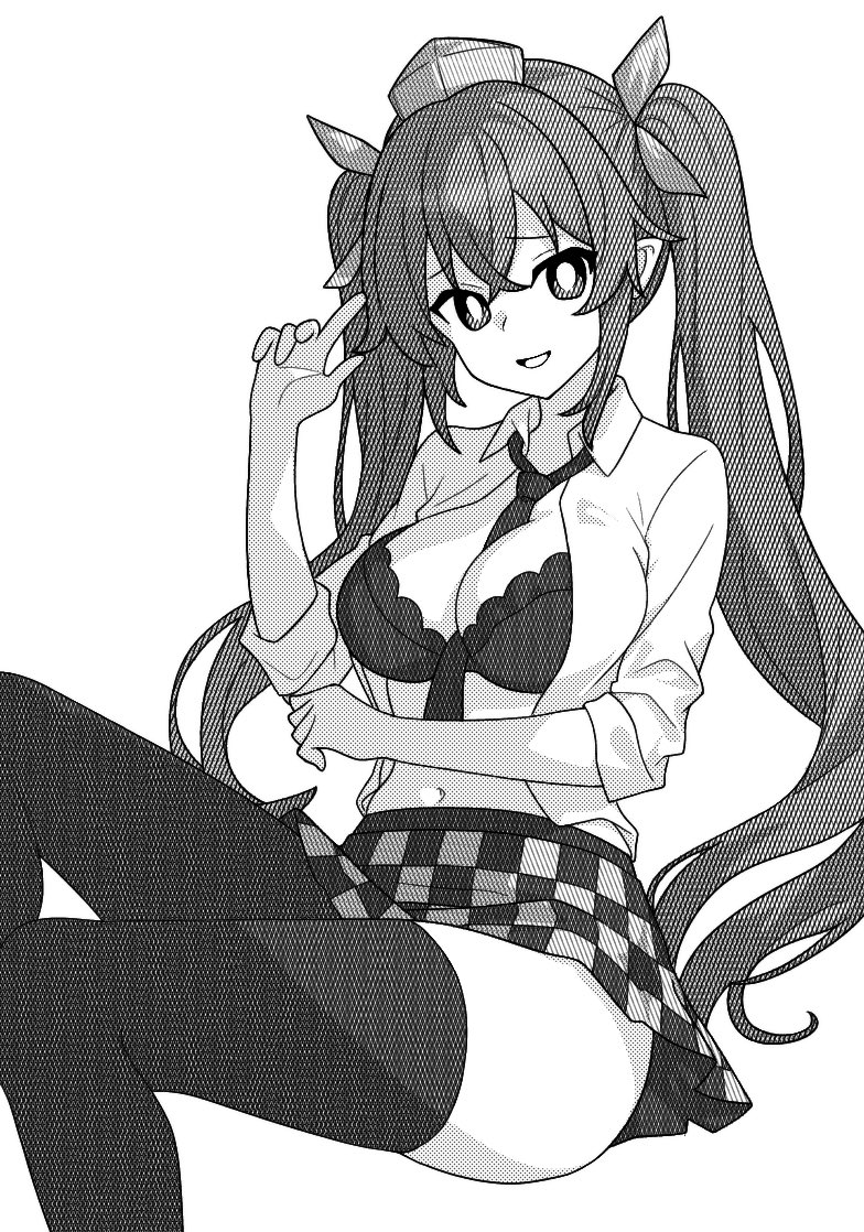 :d between_breasts bra breasts bright_pupils checkered_clothes checkered_skirt cleavage collared_shirt commentary female greyscale hat hatate_himekaidou himekaidou_hatate large_breasts long_hair long_sleeves looking_at_viewer miniskirt monochrome navel necktie necktie_between_breasts onkn_sxkn open_clothes open_mouth open_shirt pointy_ears shirt sidelocks simple_background skirt smile solo thighhighs tokin_hat touhou twintails underwear zettai_ryouiki