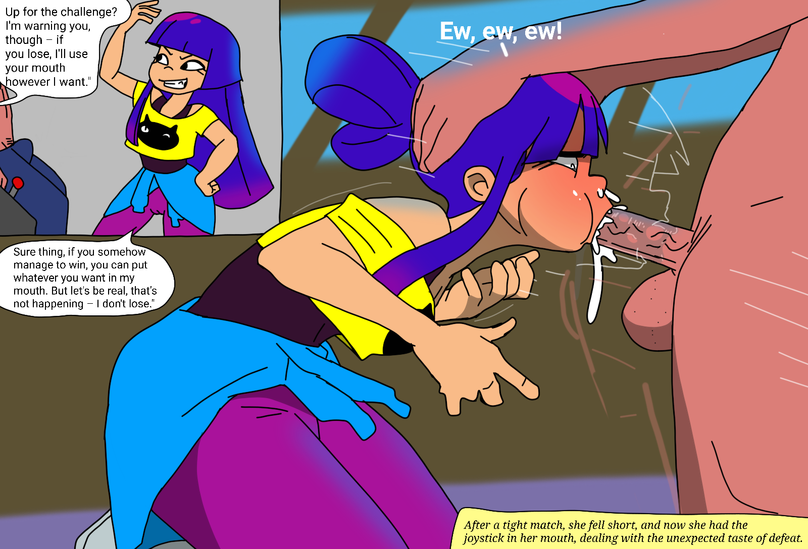 1girls, balls, bangs, bare shoulders, bending forward, bent over, blowjob, blue hair, blushing, breasts, bulge, cameltoe, cheek bulge, clothed female nude male, clothes around waist, clothing, constricted pupils, crop top, cum, cum in mouth, cum out nose, cum splatter, defeated, disgust, disgusted, english text, erection under clothes, eyelashes, face fucking, fellatio, female, female focus, forced, glitch techs, grinning, hand on head, head grab, instant loss 2koma, irrumatio, kneeling, leaning forward, long hair, lost bet, male, male/female, miko kubota, motion lines, mouthful, multicolored hair, nude, nude male, on knees, oral, partial male, penis, pussy, saliva, saliva on penis, short sleeves, side view, speech bubble, straight, sunnie, testicles, text box, thick thighs, tied hair, veins, wincing