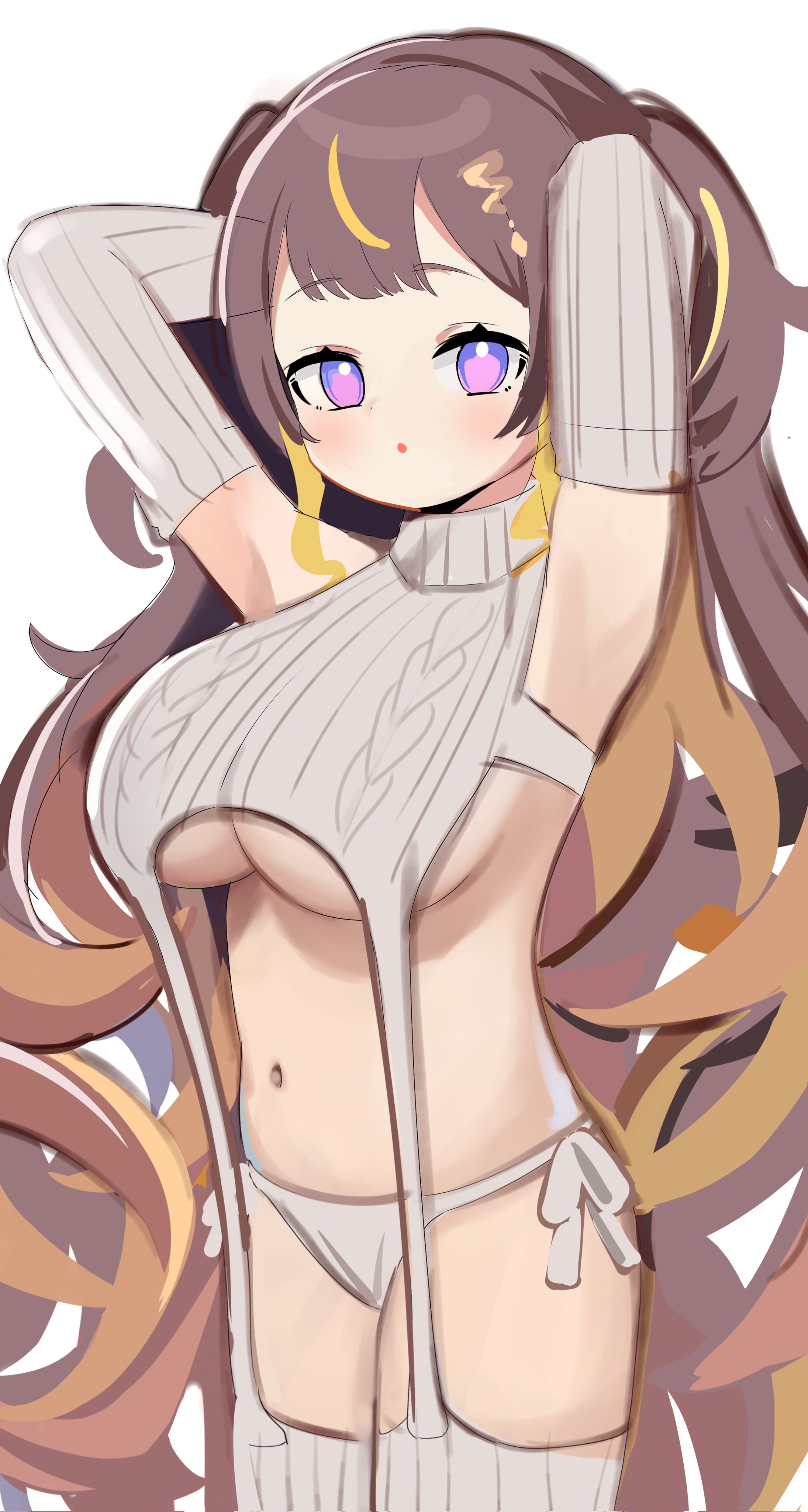 :o, anya melfissa, armpits, arms behind back, breasts, cute, female, hololive, hololive indonesia, hololive indonesia holoro, huge breasts, looking at viewer, midriff, navel, shortstack, underboob, virgin destroyer sweater, virtual youtuber