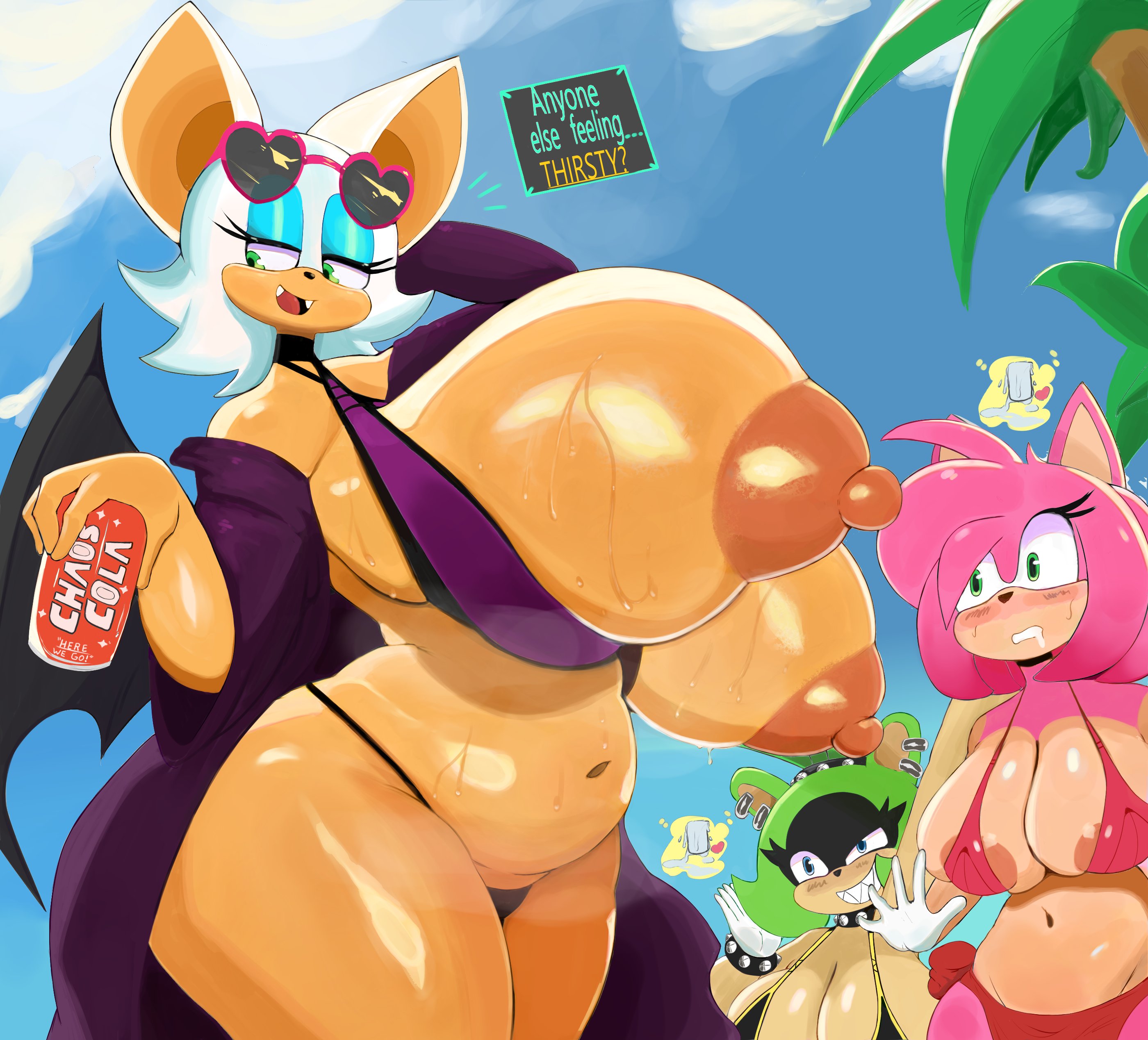 3girls, alternate breast size, amy rose, anthro, ass, bat, bat humanoid, bat wings, big ass, big breasts, bikini, blue eyeshadow, bracelets, breasts, breasts bigger than head, busty, drink, female, female focus, female only, furry, glasses, glasses askew, green eyes, hedgehog, hedgehog humanoid, hips, huge ass, huge breasts, hyper, hyper breasts, idw publishing, imago ic, large ass, large breasts, lips, micro bikini, multiple females, multiple girls, navel, pink hair, pool, rouge the bat, sega, sonic (series), sonic the hedgehog (comics), sonic the hedgehog (idw), sonic the hedgehog (series), surge the tenrec, teasing, tenrec, thick thighs, thighs, water, white hair, wide hips, yuri