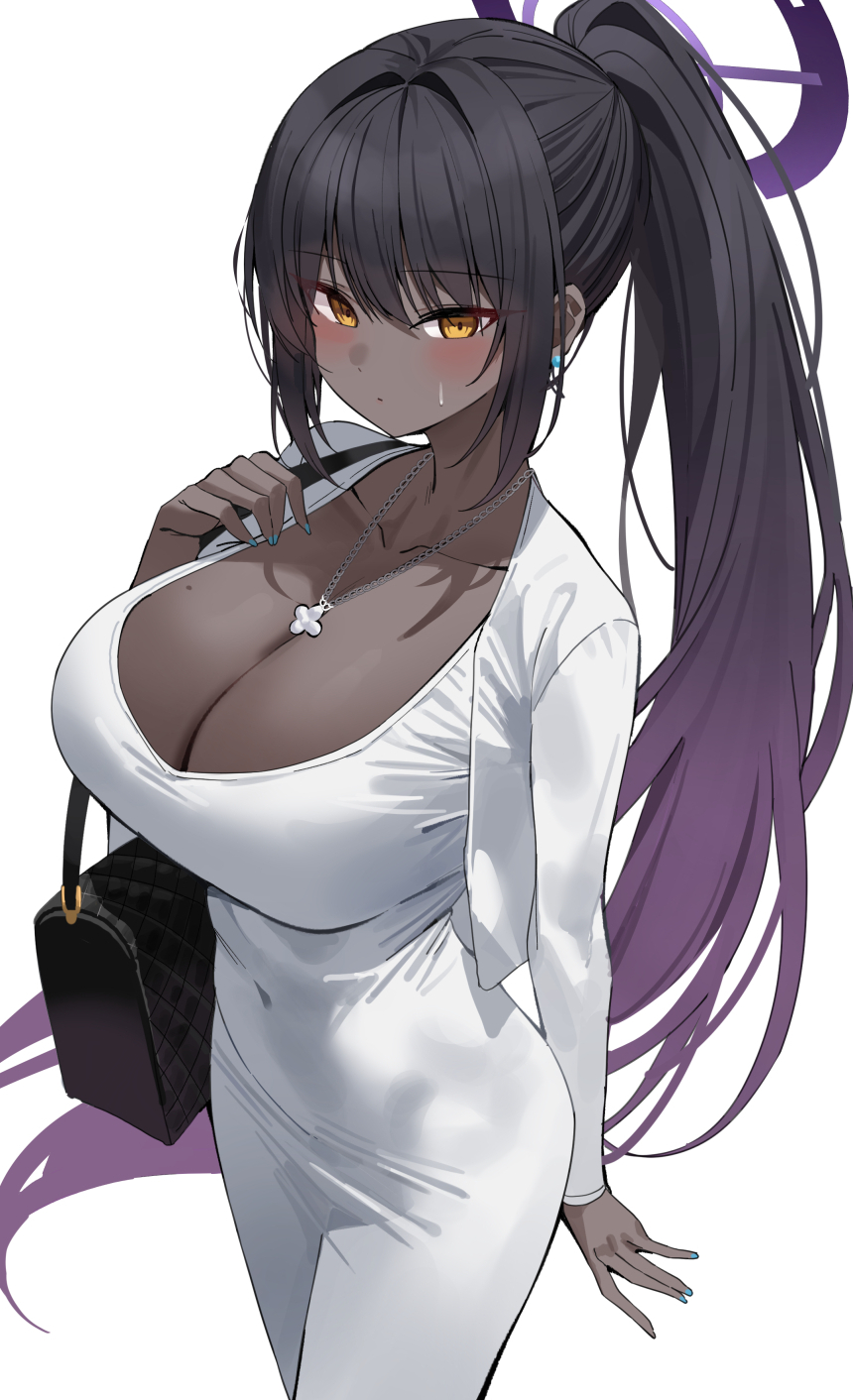 1girls black_hair blue_archive breasts brown_skin cleaning_&_clearing_(blue_archive) cleavage clothed dark-skinned_female dark_skin dongtan_dress dress female huge_breasts k_pring karin_(blue_archive) long_hair millennium_science_school_student ponytail