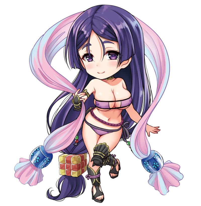 absurdly_long_hair armlet beads bikini blush chibi choker closed_mouth eyepatch_bikini fate/grand_order fate_(series) female full_body gloves hagoromo long_hair looking_at_viewer low-tied_long_hair minamoto_no_raikou_(fate) minamoto_no_raikou_(fate/grand_order) minamoto_no_raikou_(swimsuit_lancer)_(fate) minamoto_no_raikou_(swimsuit_lancer)_(third_ascension)_(fate) parted_bangs purple_bikini purple_eyes purple_hair shawl side-tie_bikini_bottom single_glove smile solo strapless strapless_bikini swimsuit very_long_hair youshuu