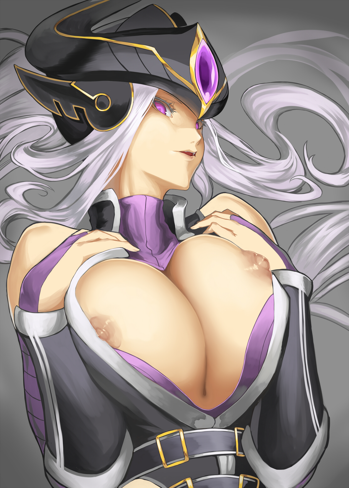 1girls, 2017, bare shoulders, breasts, cleavage, covered breasts, female, female only, grey background, high resolution, huge breasts, kumiko (aleron), large breasts, league of legends, long hair, nipples, parted lips, purple eyes, silver hair, simple background, solo, syndra, white hair