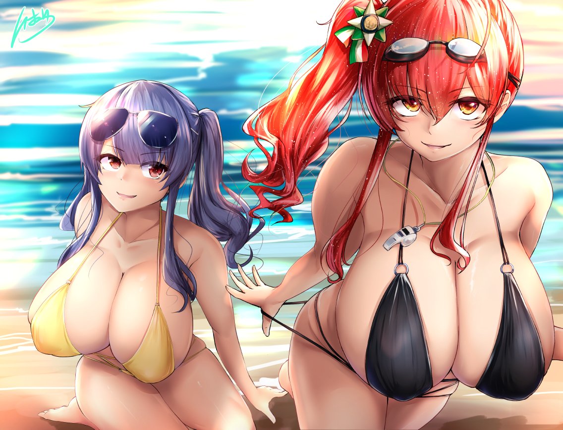 2girls asymmetrical_hair aviator_sunglasses azur_lane beach bikini black_bikini black_swimsuit breasts clothing covered_erect_nipples erect_nipples erect_nipples_under_clothes eyebrows_visible_through_hair eyewear_on_head female goggles goggles_on_head huge_breasts ibara_azuki_(azk_ibr2nd) italian_flag long_hair multi-strapped_bikini multiple_girls nipples o-ring o-ring_bikini official_alternate_costume orange_eyes outdoors pola_(azur_lane) pola_(seaside_coincidence)_(azur_lane) ponytail pulled_by_self purple_hair red_eyes red_hair sardegna_empire_(azur_lane) side_ponytail skindentation strap_pull sunglasses swimsuit tied_hair water whistle whistle_around_neck yellow_bikini yellow_swimsuit zara_(azur_lane) zara_(poolside_coincidence)_(azur_lane)