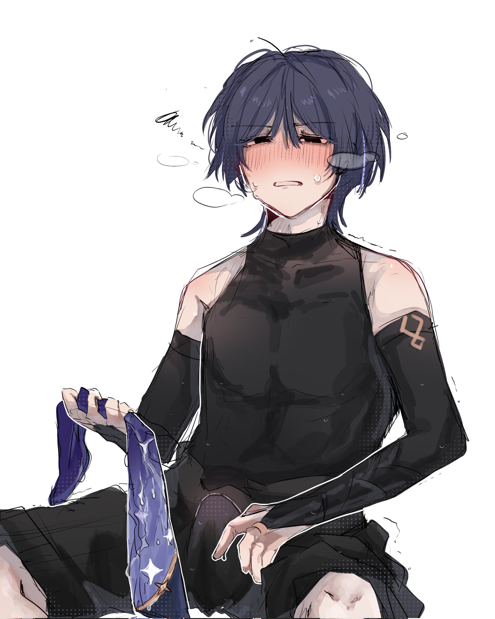 blue hair, blush, bulge, bulge through clothing, clothed, clothing, erection, erection under clothes, erection under clothing, female, genshin impact, half-closed eyes, hand on thigh, hard on, male, mona (genshin impact), necktie iv14, scaramouche (genshin impact), solo, solo focus, solo male, sweat, trembling, visible breath