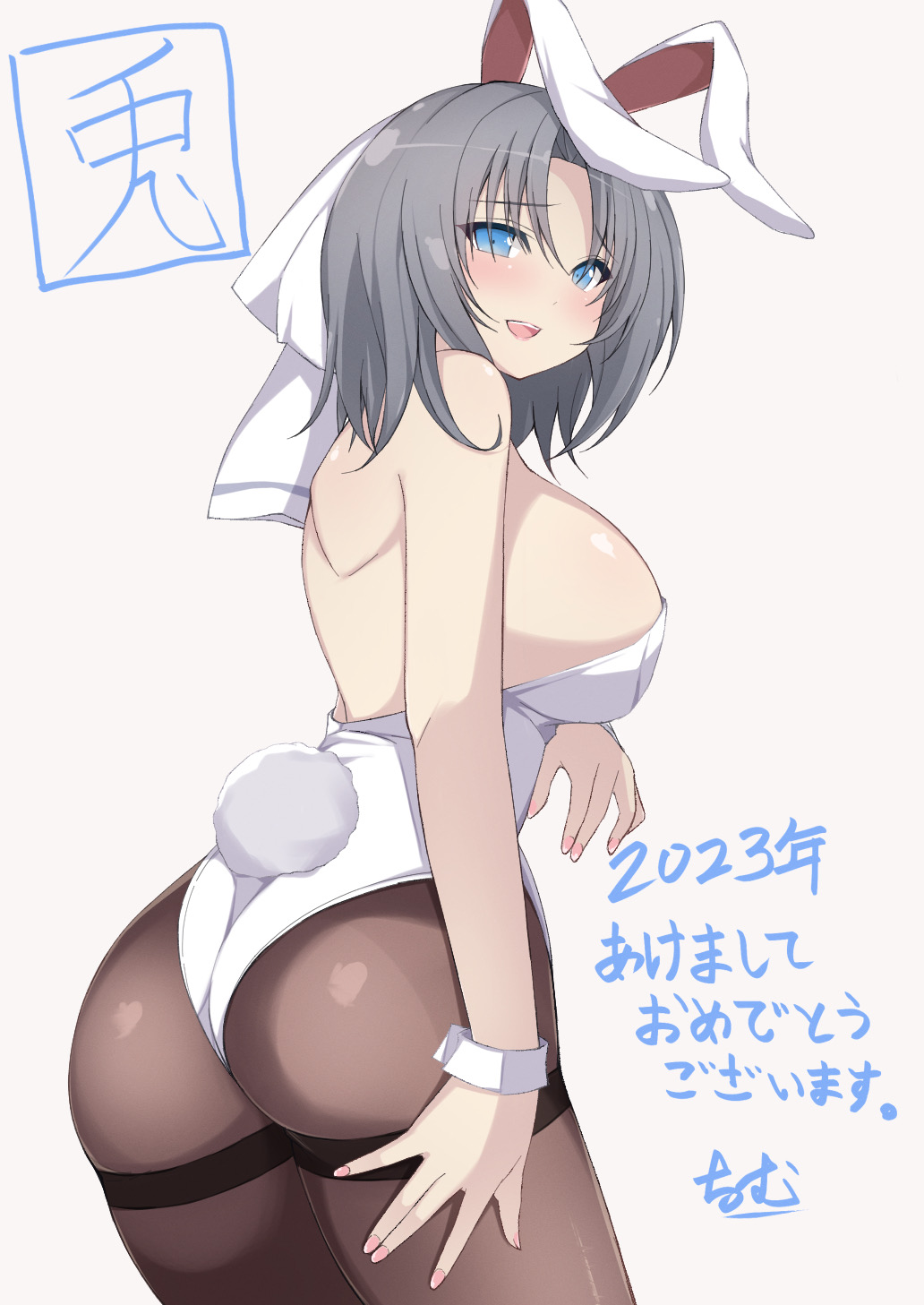 1girls 2023 :d ass back blue_eyes bunny_ears bunny_tail bunnysuit chimunge eyebrows_visible_through_hair female grey_hair hair_ornament highleg japanese_text large_breasts looking_at_viewer looking_back medium_hair new_year no_bra open_mouth senran_kagura sideboob simple_background smile solo standing stockings straight_hair teeth text tongue translation_request white_background year_of_the_rabbit yumi_(senran_kagura)