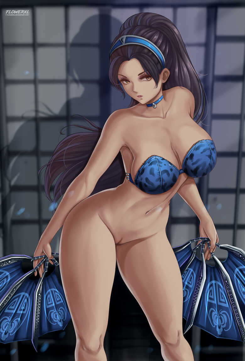 1female 2d alluring armwear athletic_female bare_thighs big_breasts black_hair bladed_fan blue_lingerie breasts brown_eyes cleavage female female_abs fit_female flowerxl kitana kitana_(mk9) knee_boots knee_high_boots lingerie long_hair mortal_kombat mortal_kombat_(2011) necklace no_panties pinup pose pussy solo solo_female video_game_character