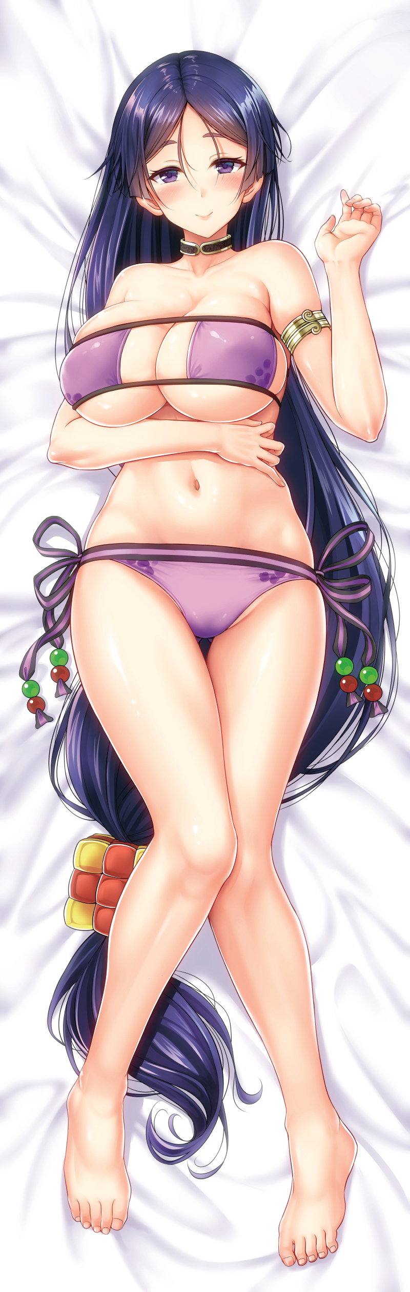 5_toes absurdly_long_hair absurdres armlet ass_visible_through_thighs bare_shoulders barefoot bed_sheet bikini black_choker blue_hair blush body_pillow bra breasts choker clenched_hand collarbone commentary_request cube dakimakura_(medium) dark_blue_hair eyepatch_bikini fate/grand_order fate_(series) feet female female_only fingernails full_body hair hair_ornament hand_up highres indigo_hair inner_hair knees_together knees_together_feet_apart large_breasts lips long_hair looking_at_viewer lowleg lowleg_panties lying minamoto_no_raikou_(fate) minamoto_no_raikou_(fate/grand_order) nail_polish navel on_back panties pigeon-toed pillow pointy_chin purple_bikini purple_clothing purple_eyes purple_hair purple_panties side-tie_bikini_bottom side-tie_panties solo streaked_hair swimsuit thick_eyebrows thigh_gap toenail_polish toenails toes top_view underwear very_long_hair violet_clothing youshuu