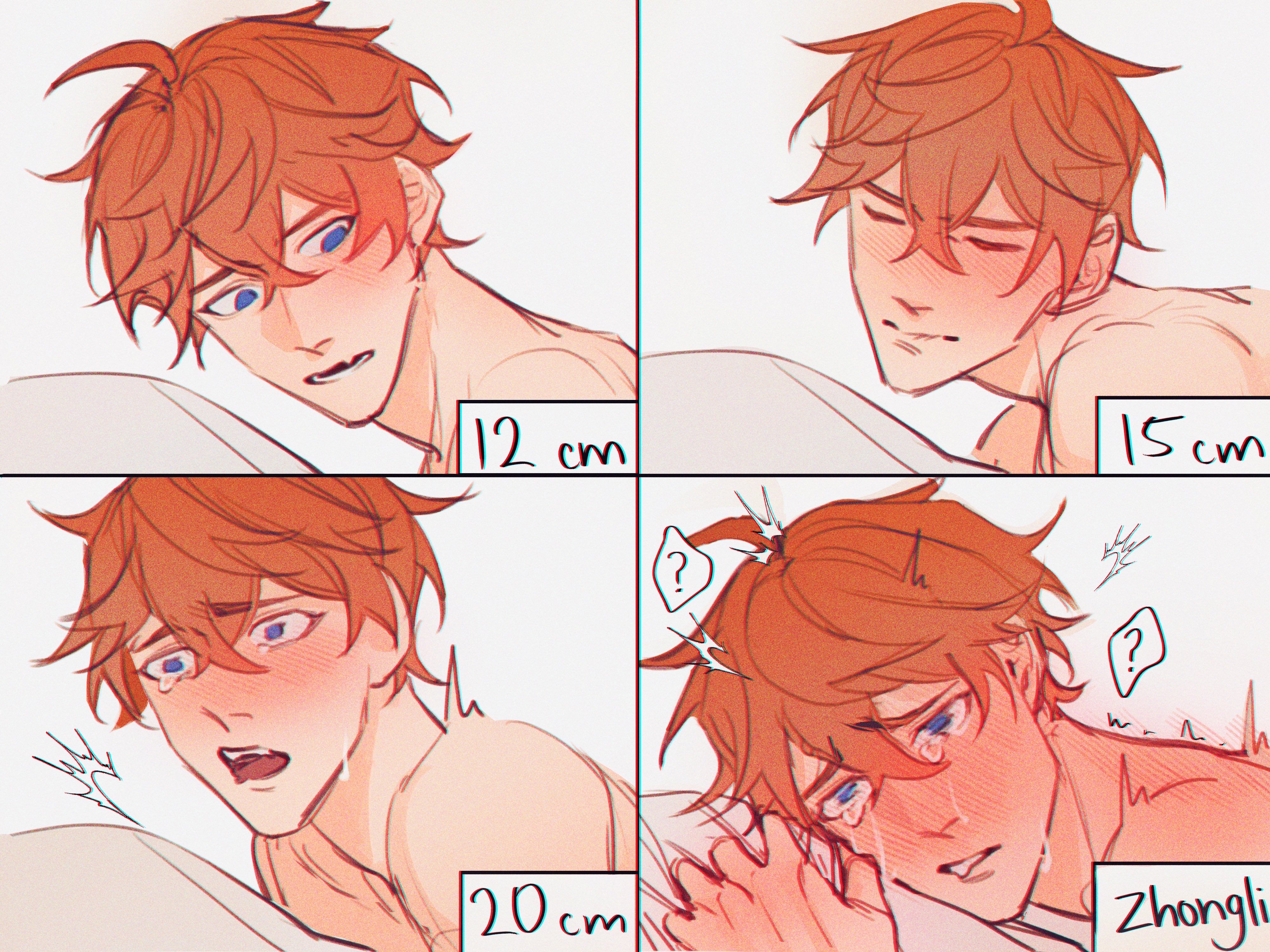ahe gao, ahegao face, blush, childe (genshin impact), gay, genshin impact, male, male ahegao, male focus, male only, meme, rrr1boy, size comparison, tartaglia (genshin impact)