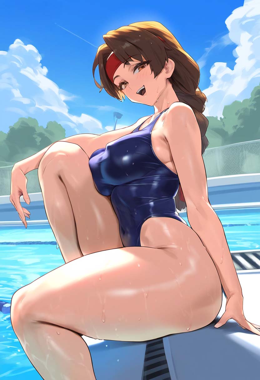 ai_generated braid braided_hair braided_ponytail erect_nipples erect_nipples_under_swimsuit female female_only headband king_of_fighters large_breasts one-piece_swimsuit ponytail pool poolside school_swimsuit solo swimsuit tharkica yuri_sakazaki