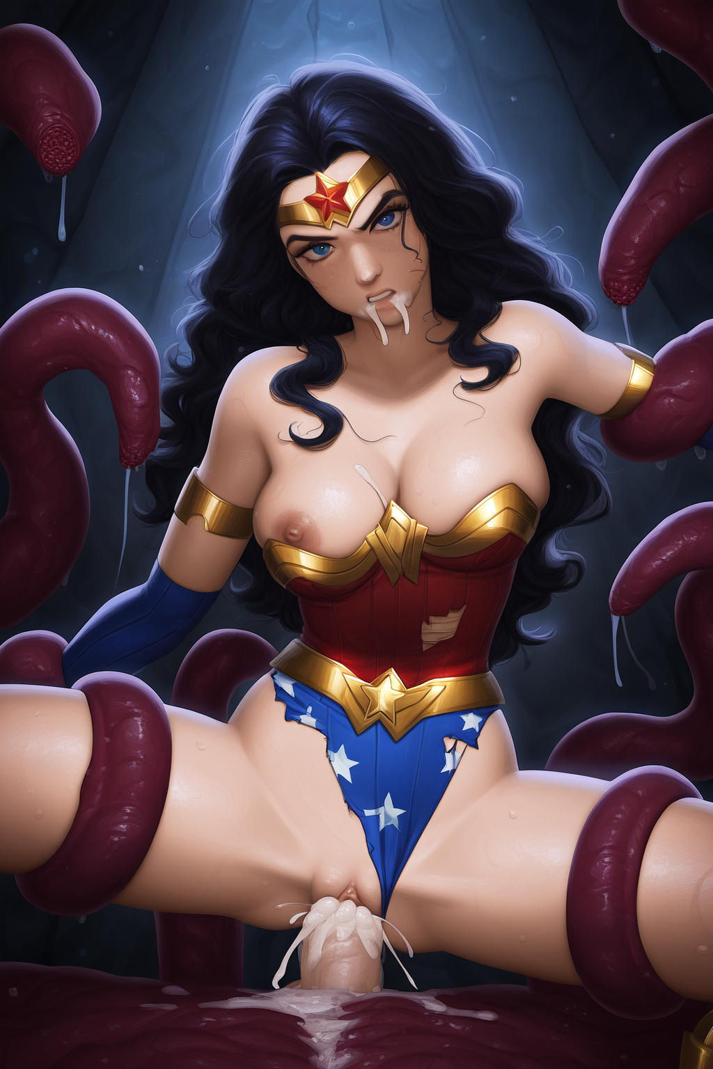 ai_generated cum cum_dripping_down_chin cum_dripping_on_breasts cum_in_pussy cum_inside cum_inside_pussy cum_on_face dc dc_comics defeated defeated_heroine exposed_breasts eye_contact looking_at_viewer novelai panties_aside rape raped raped_by_tentacles ripped_leotard tentacles_around_arms tentacles_around_legs tentacles_penetrating_female tired_out wonder_woman