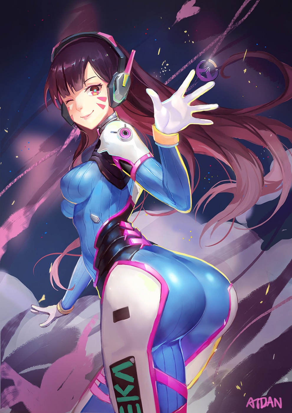 ;) artist_name ass atdan bangs blizzard_entertainment bodysuit breasts brown_eyes brown_hair clothed cowboy_shot cute d.va dark_background dat_ass facial_mark female female_only from_behind gesture gloves greeting headphones heart high_resolution huge_ass large_ass large_breasts long_hair looking_at_viewer looking_back medium_breasts one_eye_closed overwatch pilot_suit pinup revision shiny skin_tight smile smoke solo standing star star-shaped_pupils star_(symbol) symbol symbol-shaped_pupils thighs tight_clothing turning waving whisker_markings wink