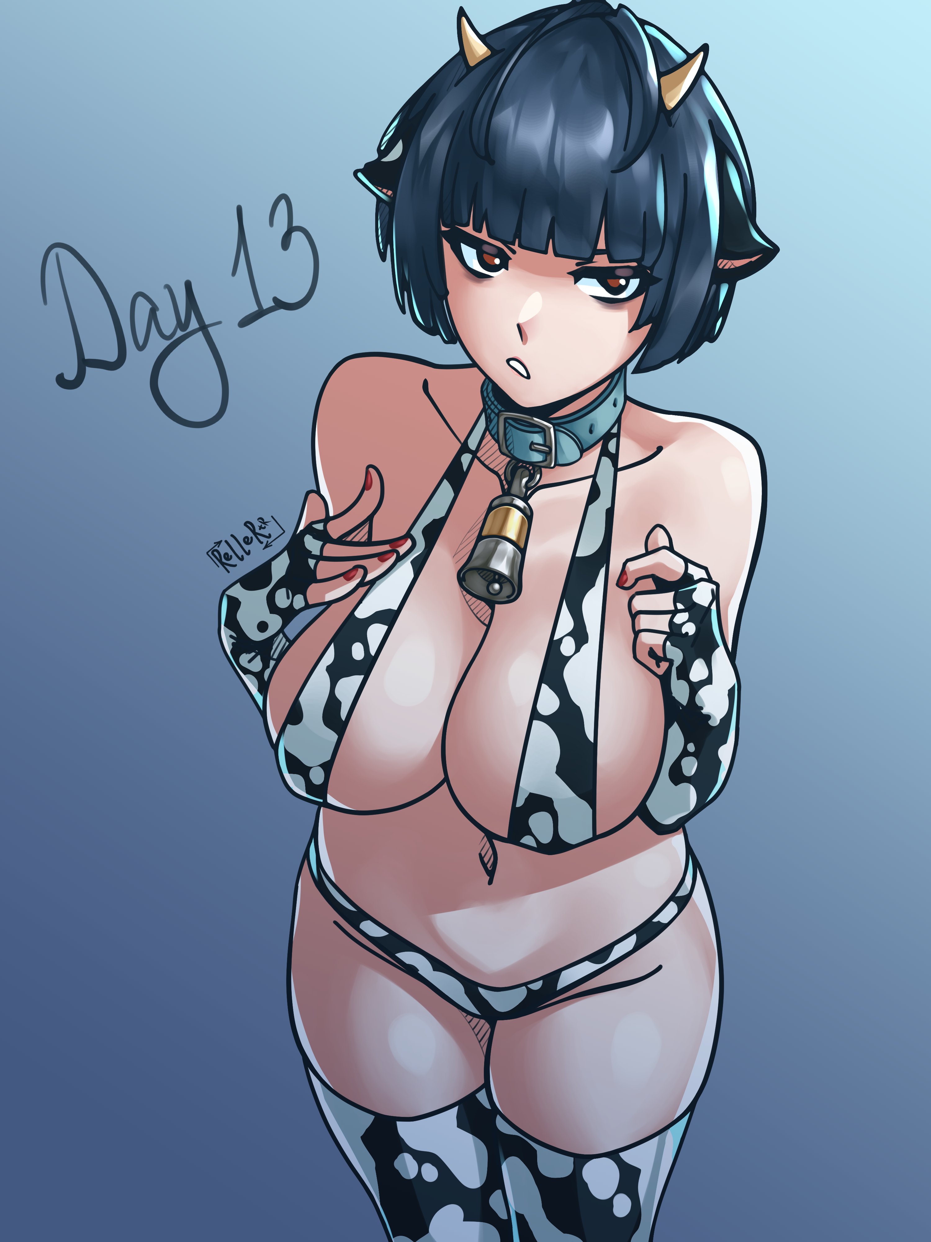 1girls, big breasts, big nipples, black eyeliner, black hair, black lipstick, breasts, brown eyes, collar, cow bikini, cow ears, cow print, cowbell, cowprint, female, female only, goth, persona, persona 5, rellertr, solo, solo female, tae takemi