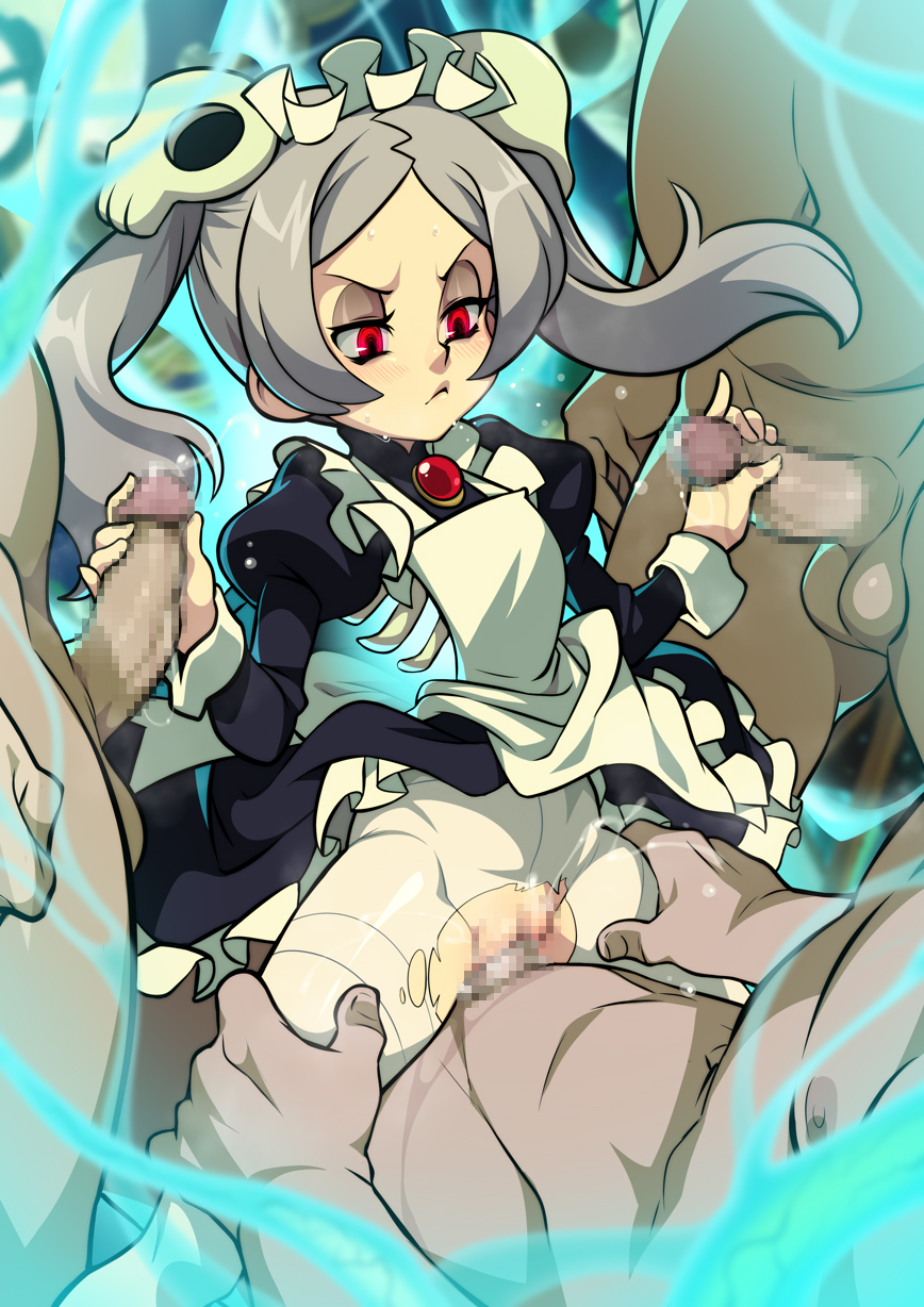 3boys apron bloody_marie_(skullgirls) bone censored double_handjob gangbang grey_hair group_sex hair_ornament handjob highres jcm2 juliet_sleeves long_sleeves maid maid_apron maid_headdress multiple_boys pantyhose puffy_sleeves red_eyes ribs sex skull_hair_ornament skullgirls straight torn_clothes torn_pantyhose twintails white_pantyhose