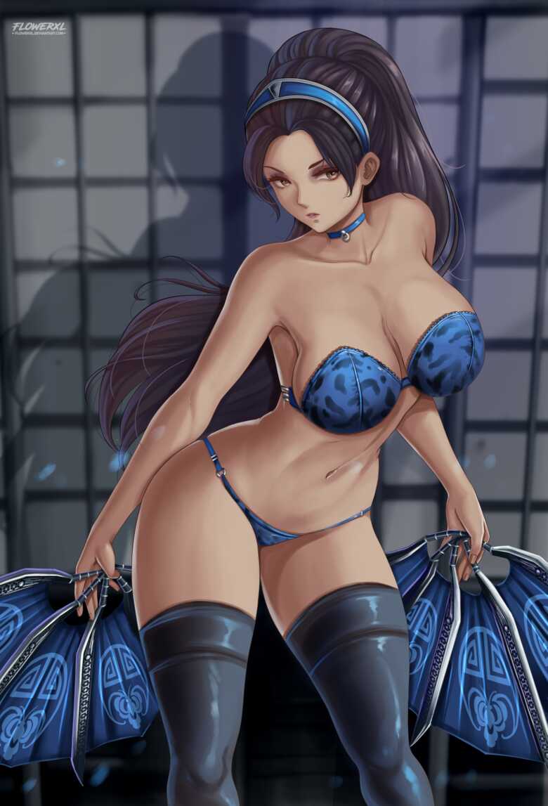 2d alluring armwear athletic_female bare_thighs big_breasts black_hair bladed_fan blue_lingerie breasts brown_eyes cleavage female female_abs fit_female flowerxl kitana kitana_(mk9) knee_boots knee_high_boots lingerie long_hair mortal_kombat mortal_kombat_(2011) pinup pose solo solo_female