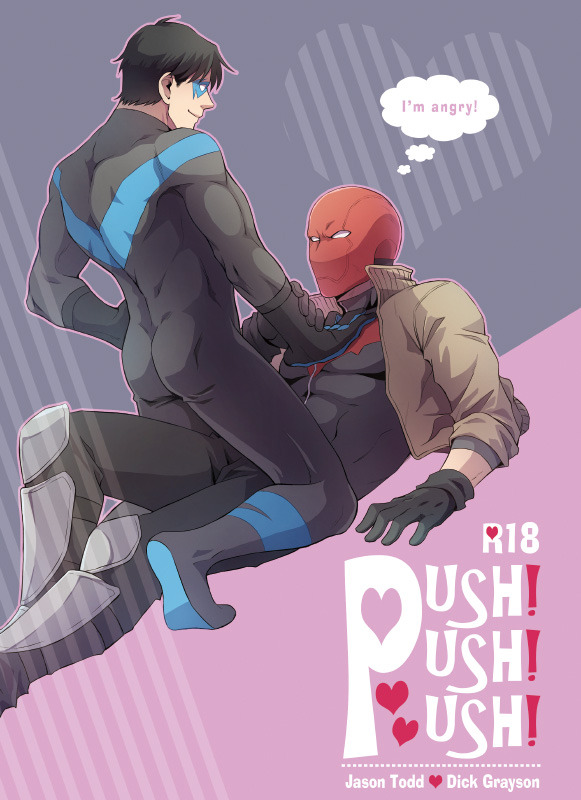 2boys batman_(series) bodysuit comic_cover dc dc_comics dick_grayson doujin_cover english_text jason_todd male male/male male_only mask muscular muscular_male nightwing pushing_down red_hood_(dc) skin_tight tight_clothing yaoi